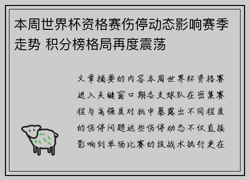 本周世界杯资格赛伤停动态影响赛季走势 积分榜格局再度震荡